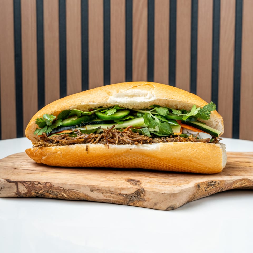 A Banh Mi Ong Beo sandwich with shredded meat, cilantro, and vegetables on a wooden board.