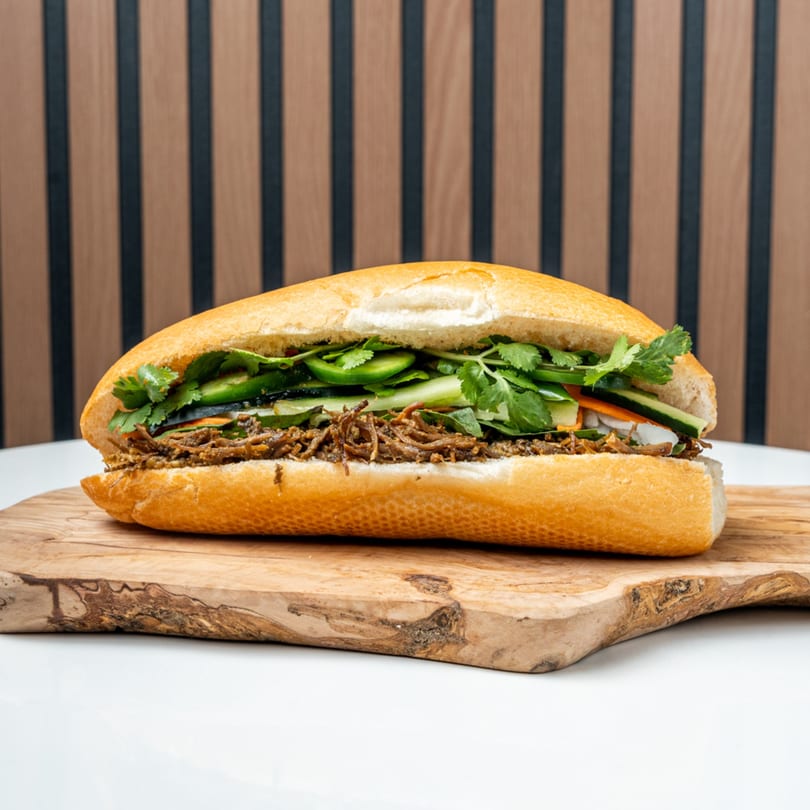 A Banh Mi Ong Beo sandwich with shredded meat, cilantro, and vegetables on a wooden board.