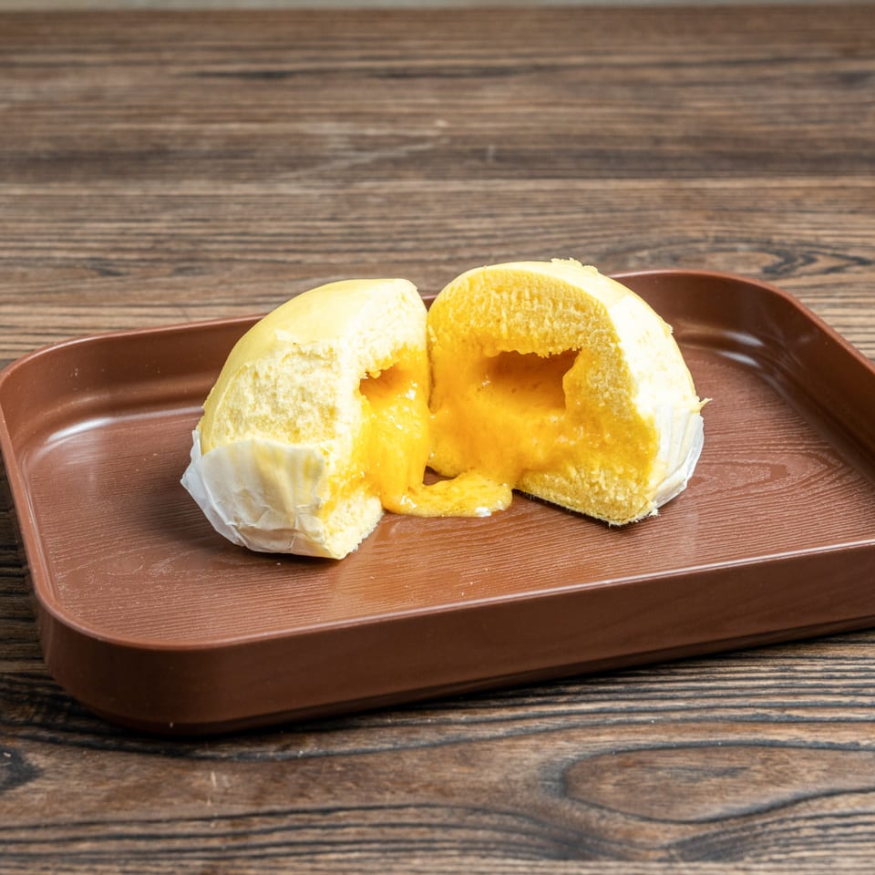 A steamed bun, cut in half, revealing a gooey, bright yellow custard filling on a brown tray.
